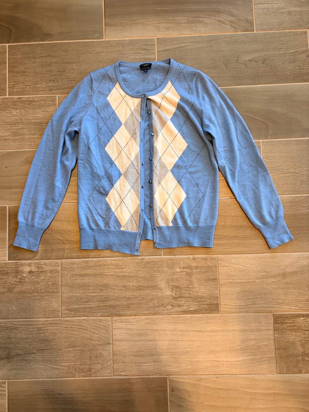 Talbots Light Blue Argyle Cardigan with White Diamond Pattern